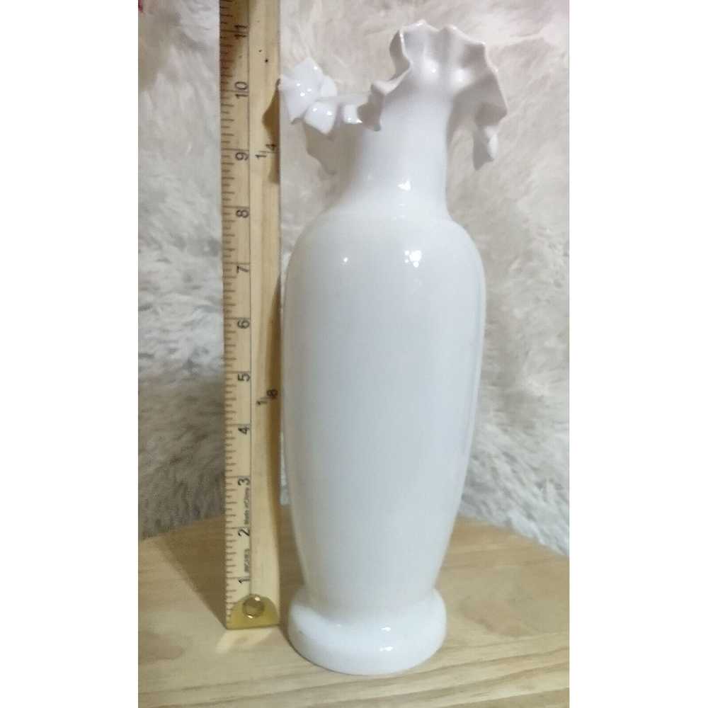 Large Tall VTG Fenton MCM Vase White Milk Glass Ruffled edge top 11" Tall - Picture 2 of 6